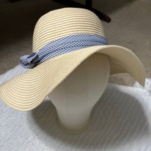 Loft Straw Colored Hat with Blue and White Ribbon